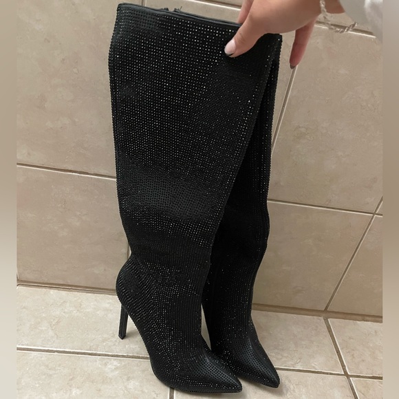 Black Rhinestone Knee High Boots - Picture 5 of 8